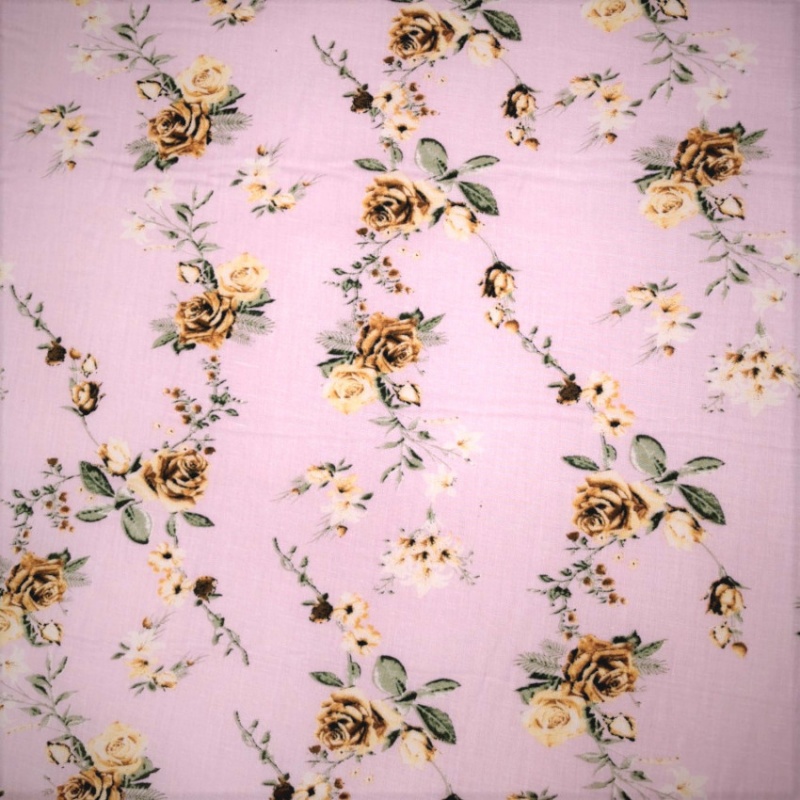 Printed Egyptian Cotton -  Beige Roses on Pale Pink